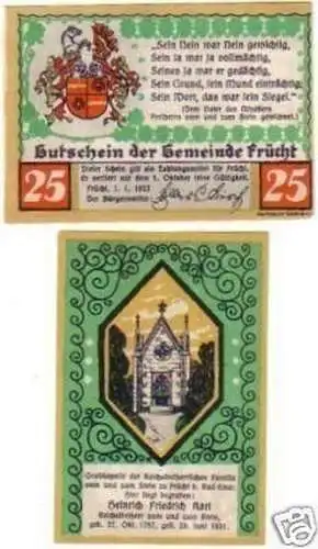 2 Banknoten Notgeld Gemeinde Frücht 1922