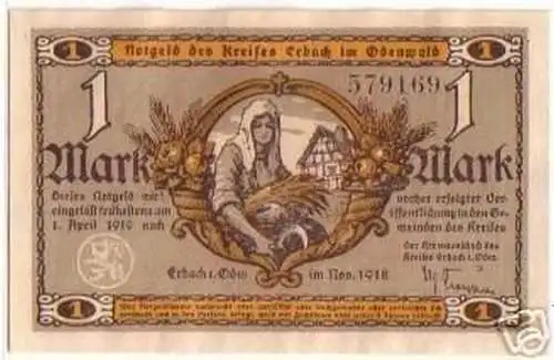 1 Mark Banknote Notgeld Kreis Erbach im Odenwald 1918