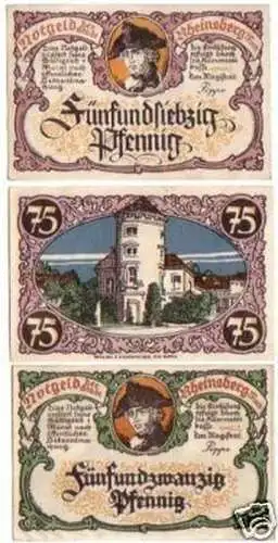 3 Banknoten Notgeld der Stadt Rheinsberg Mark um 1922