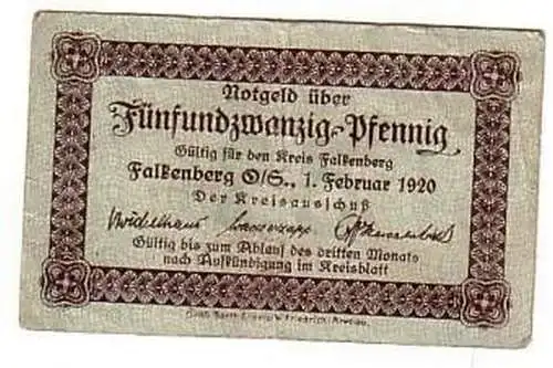 25 Pfennig Banknote Notgeld Kreis Falkenberg O.S. 1920