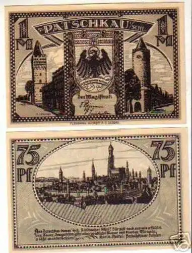 2 Banknoten Notgeld Stadt Patschkau in Schlesien 1921