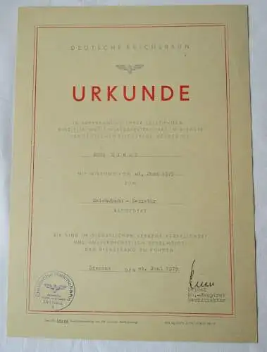 DDR Urkunde Beförderung Deutsche Reichsbahn Dresden Reichsbahn Sekretär (134488)