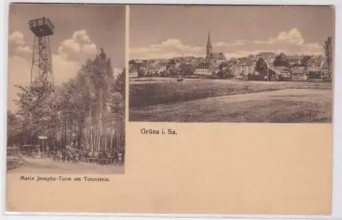 86641 AK Grüna in Sachsen - Maria Josepha-Turm am Totenstein & Ortstotalansicht