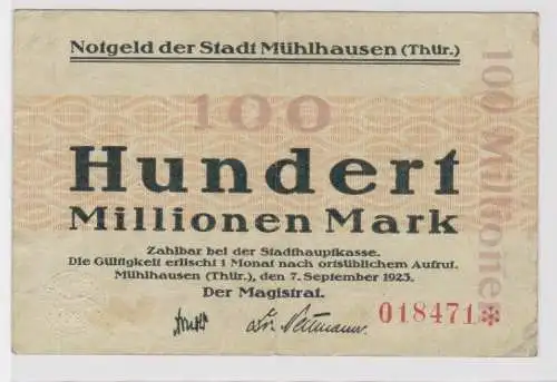 100 Millionen Mark Banknote Inflation Stadt Mühlhausen 7.9.1923 (147022)