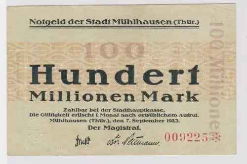 100 Millionen Mark Banknote Inflation Stadt Mühlhausen 7.9.1923 (147458)