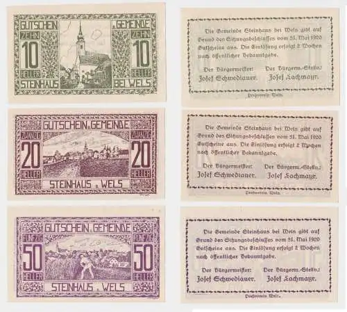 10,20 und 50 Heller Banknoten Notgeld Gemeinde Steinhaus bei Wels 1920 (154708)