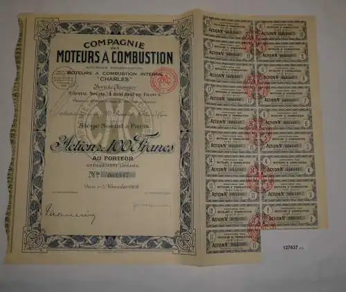 100 Franc Aktie Compagnie des Moteurs à Combustion "Charles" Paris 1928 (127637)