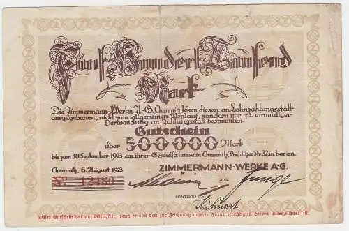 500000 Mark Banknote Chemnitz Zimmermann Werke AG 1923 (103693)