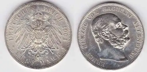 5 Mark Silber Münze Sachsen Altenburg Herzog Ernst 1901 Jäger 143 Stgl. (118220)