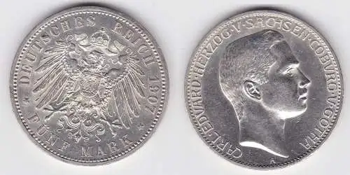 5 Mark Silbermünze Sachsen Coburg Gotha 1907 Jäger 148 vz+ (119956)