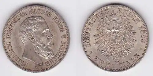 2 Mark Silber Münze Preussen Kaiser Friedrich 1888 (122711)