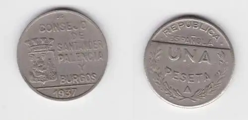 Rare 1 Peseta Kupfer Nickel Münze Republik Spanien Bürgerkrieg 1937 (136077)