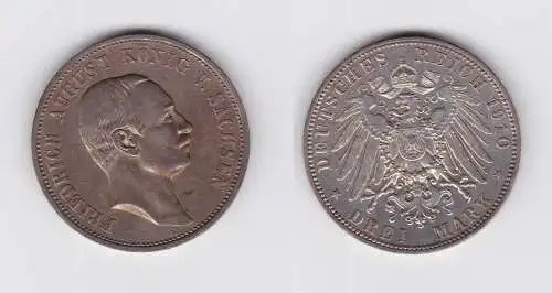 3 Mark Silbermünze Sachsen König Friedrich August 1910 Jäger 135 vz+ (139136)