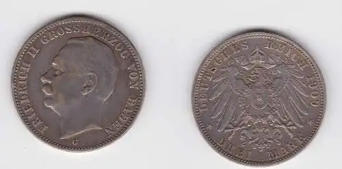 3 Mark Silbermünze Baden Großherzog Friedrich II 1909 Jäger 39 ss+ (137206)