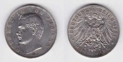 3 Mark Silbermünze Bayern König Otto 1911 Jäger 47 ss+ (123423)