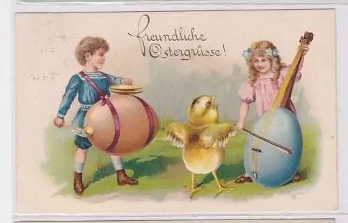 90826 Fröhliche Ostern Ak Kinder und Küken musizieren mit Ostereiern 1917