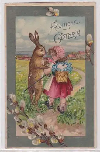 90644 Fröhliche Ostern Präge Ak Hase und Kind mit Eierkorb 1909