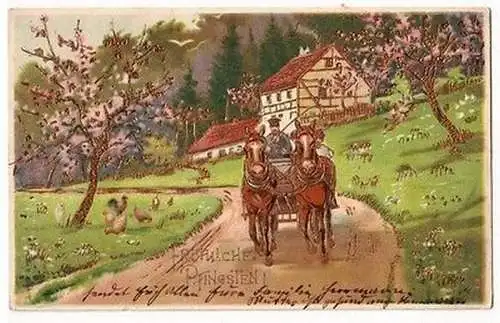 64780 Fröhliche Pfingsten Ak Pferdekutsche in Frühlingslandschaft 1905