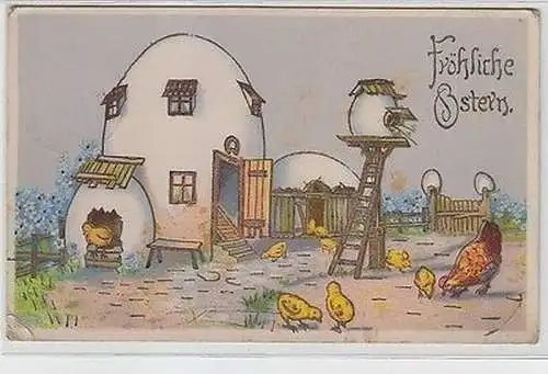 63635 Fröhliche Ostern Ak Hühnerhof aus Ostereiern 1940