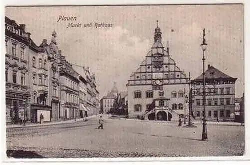 57908 Ak Plauen Markt und Rathaus mit Geschäft Otto Kölbel 1905