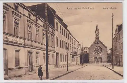 14664 Ak Angermünde Karlstrasse mit katholischer Kirche 1918