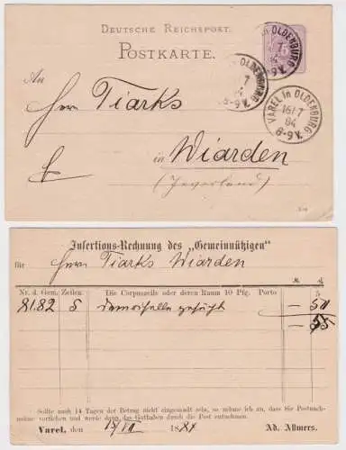 65028 Ganzsachen Postkarte P12 Zudruck Ad. Almers Varel Insertion-Rechnung 1884