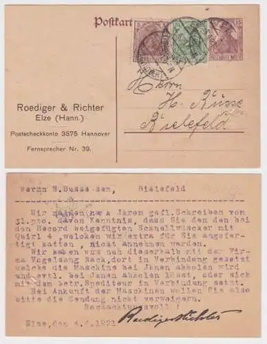 97984 DR Ganzsachen Postkarte P116 Zudruck Roediger & Richter Elze (Hann.) 1921