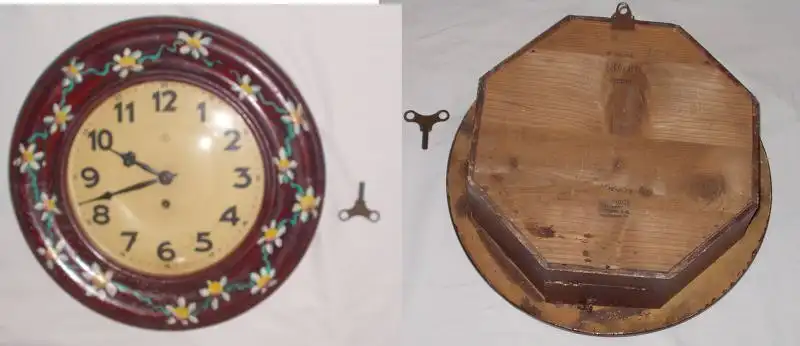 große bemalte Wanduhr Junghans Schlüsselaufzug um 1920 (DI8016) 0