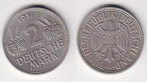 Seltene 2 DM Münze BRD 1951 G Trauben und Ähren