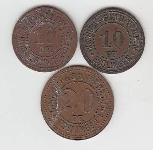 3 Bronze Münzen 2 x 10, 20 Pfennig Notgeld Consum Spar Verein Esslingen um 1920