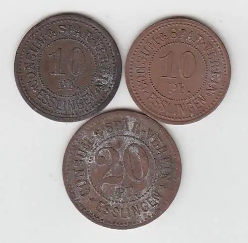 3 Bronze Münzen 2 x 10, 20 Pfennig Notgeld Consum Spar Verein Esslingen um 1920