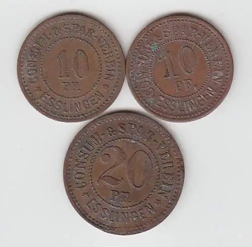 3 Bronze Münzen 2 x 10, 20 Pfennig Notgeld Consum Spar Verein Esslingen um 1920