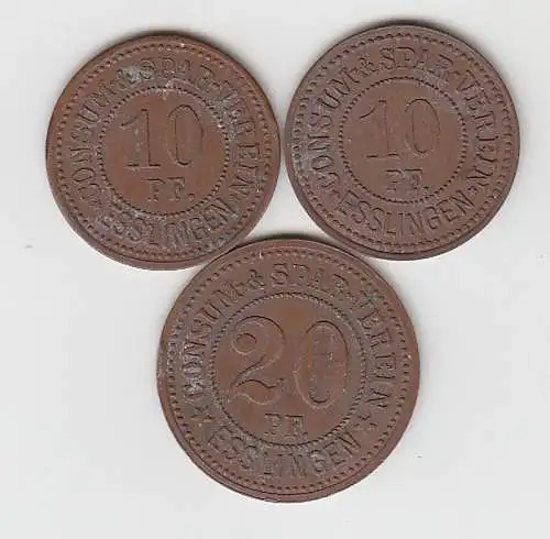 3 Bronze Münzen 2x10 und 20 Pfennig Notgeld Consum Spar Verein Esslingen um 1920