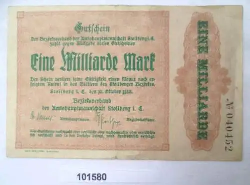 Banknote Amtshauptmannschaft Stollberg 1 Milliarde Mark 1923