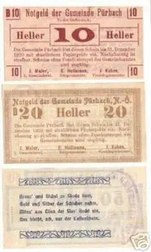 3 Banknoten Notgeld der GemeindePürbach N.Ö. 1920