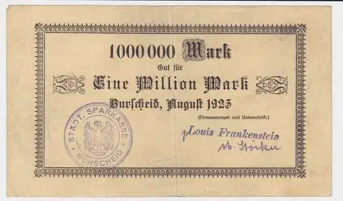 1 Million Mark Banknote Burscheid Louis Frankenstein August 1923 (122293)