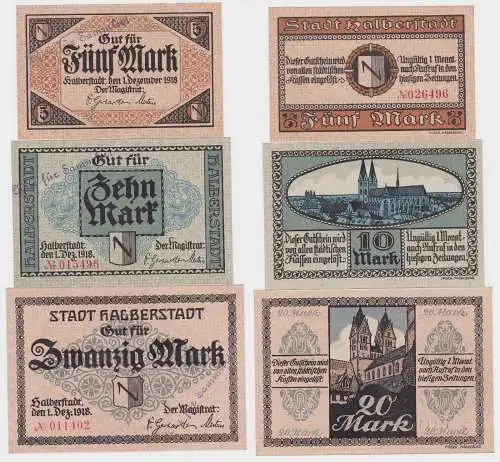 5, 10 und 20 Mark Banknoten Notgeld Stadt Halberstadt 1918 (120437)