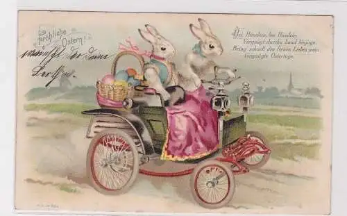 907977 Ak Fröhliche Ostern - 2 Hasen im Auto mit Ostereierkorb 1901