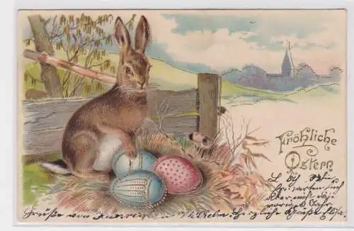 03150 Fröhliche Ostern Ak Osterhase mit 3 Eiern 1905