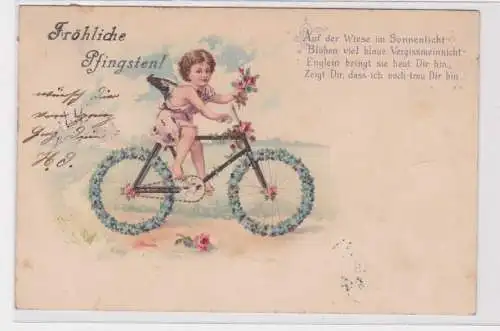 98071 Fröhliche Pfingsten Ak Engel fährt geschmücktes Fahrrad 1901