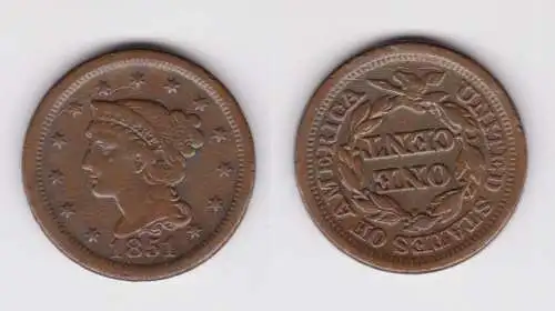 1 Cent Kupfer Münze USA 1851 ss+ (134604)