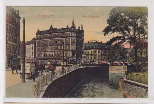 905006 Ak Chemnitz Nicolaibrücke mit Straßenbahn 1911