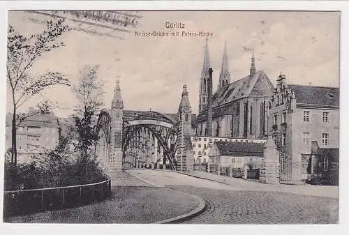 84457 Ak Görlitz Neiße-Brücke mit Peters-Kirche 1916