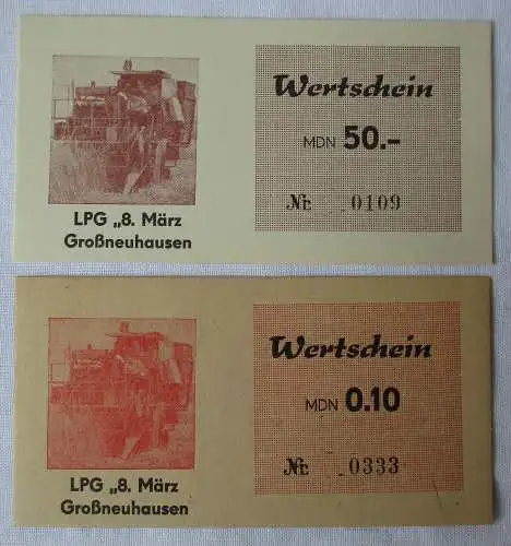 2 Banknoten 0,10 bis 50 Mark DDR LPG Geld "8.März" Großneuhausen (151313)