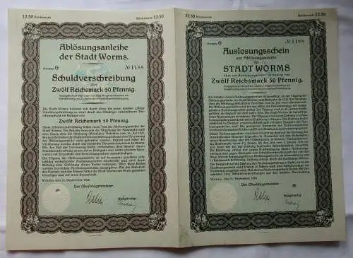 12,50 Reichsmark Auslosungsschein Stadt Worms 21.09.1929 (164806)