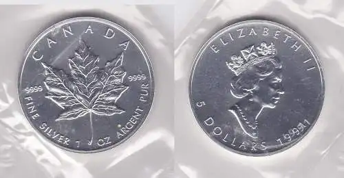 5 Dollar Silber Münze Canada Kanada Maple Leaf 1991 (118028)