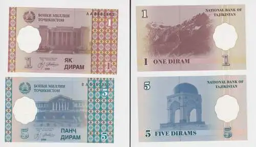 1 und 5 Diram Banknote Tajikistan Tadschikistan 1999 (153336)