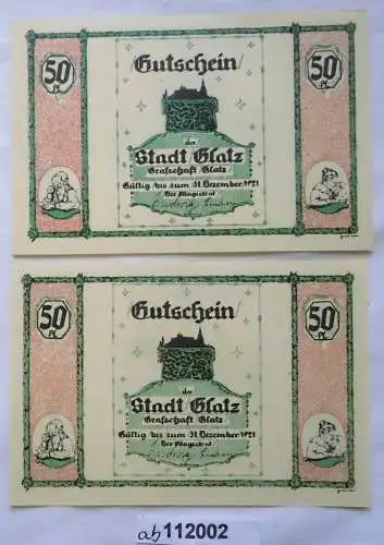 2 Banknoten Notgeld Stadt Glatz 1921 kassenfrisch (112002)