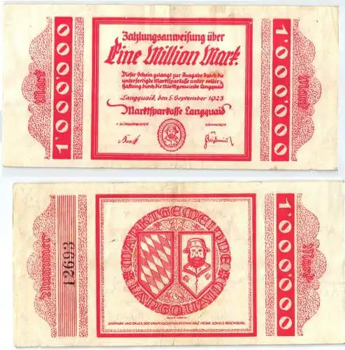 1 Million Mark Banknote Inflation Marktsparkasse Langquaid 5.9.1923 (122987)