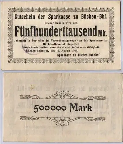 500000 Mark Banknote Sparkasse zu Büchen Bahnhof 11.08.1923 (121199)